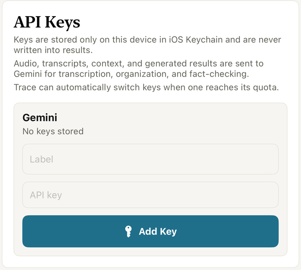 The API Keys section of Trace Settings: the Gemini field has no key stored yet, with Label and API key fields and an Add Key button